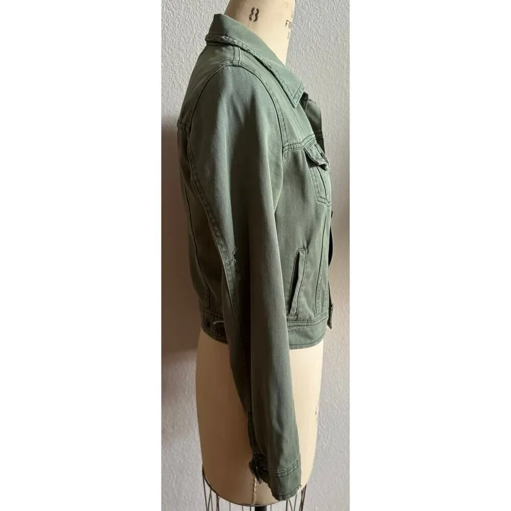 Free People Women's Green Distressed Jean Jacket sz‎ 6 EUC Soft Cotton